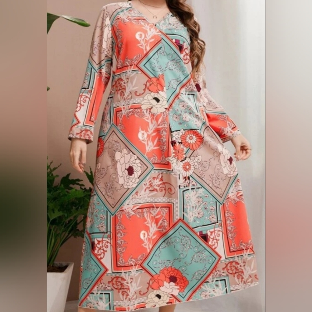 NEW LONG SLEEVE DRESS SIZE 4XL=20 US MULTICOLORED CORAL & TURQUOISE, ETC. - Picture 2 of 5